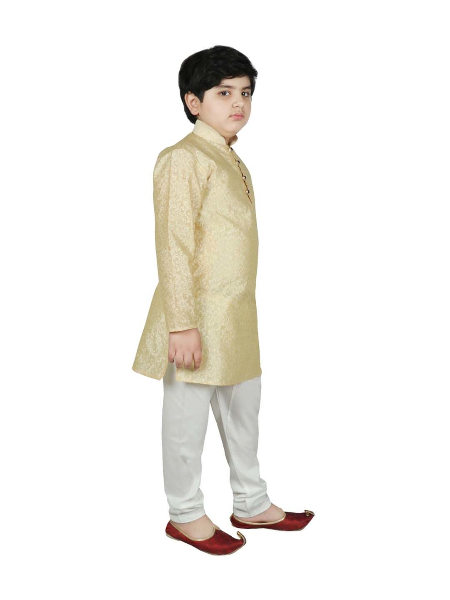 SG Yuvraj Kids Beige & White Self Full Sleeves Kurta Set