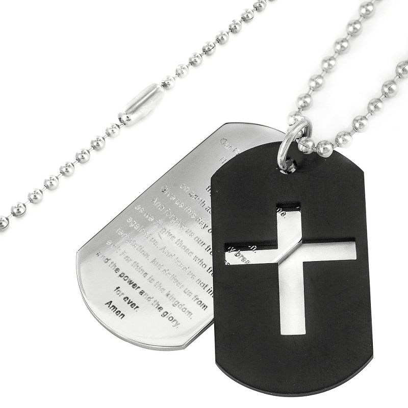 Men's Stainless Steel Plated Cross and 'Lord's Prayer' Double Dog Tag Necklace - Black