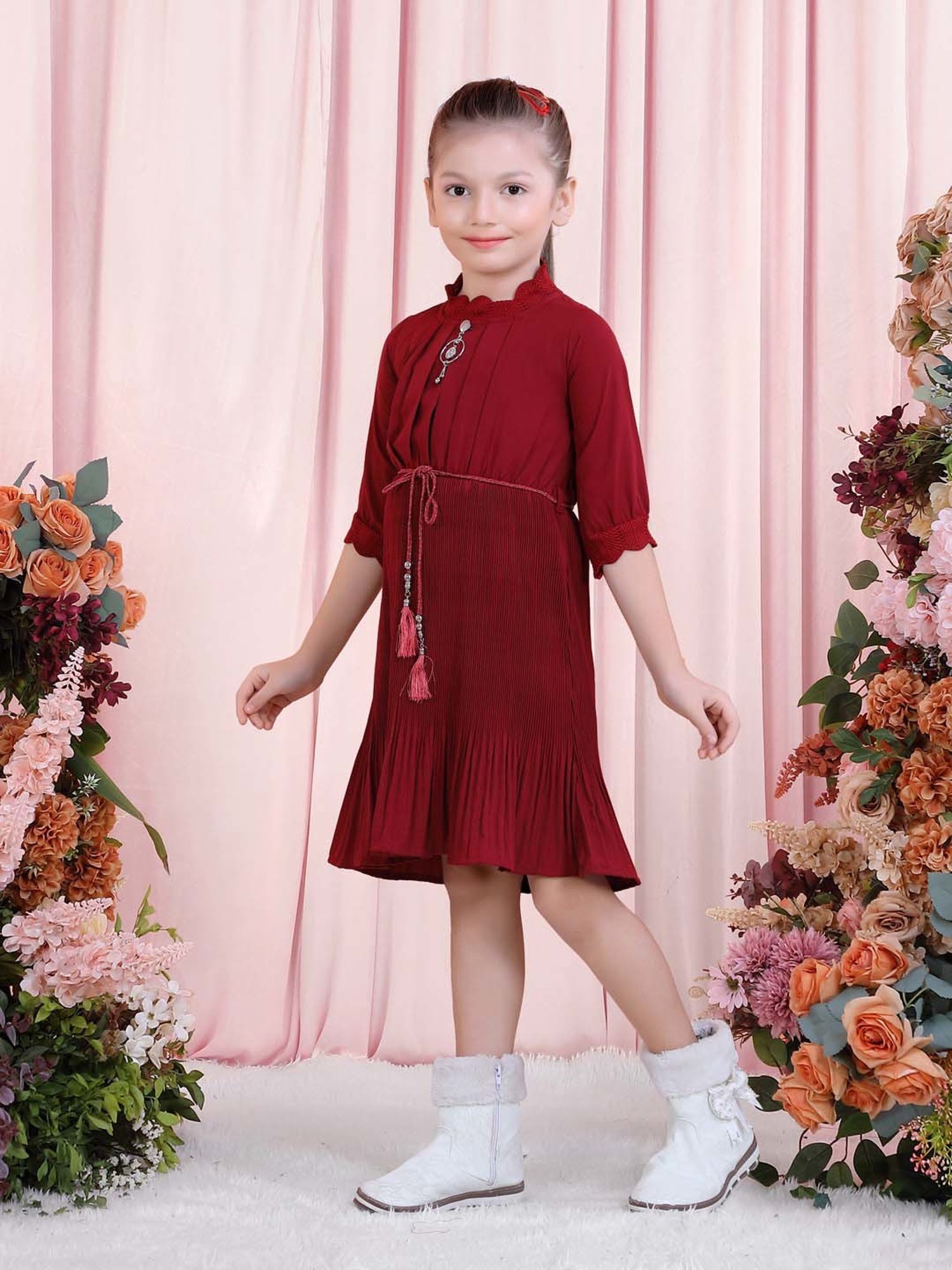 poplins Kids Maroon Cotton Regular Fit Dress