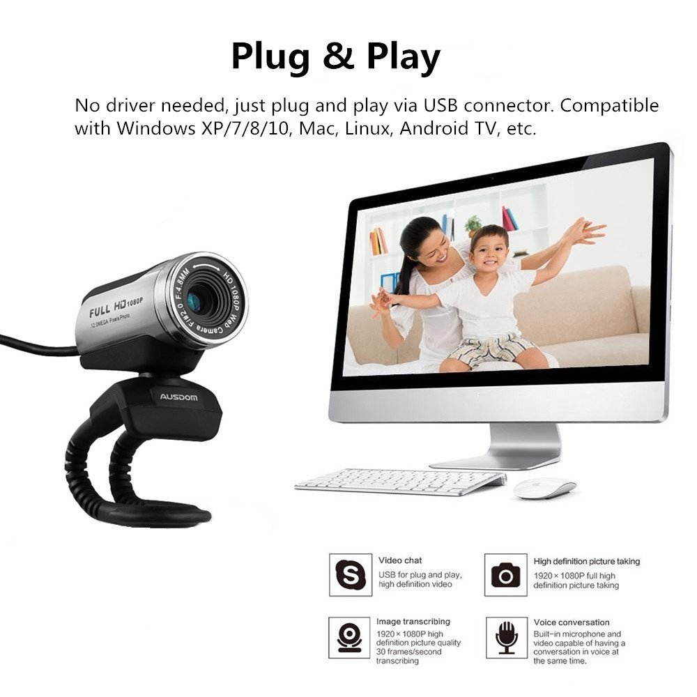 AUSDOM 1080P HD USB Webcam with Built-in Microphone,12.0MP, Auto Exposure, Digital Zoom, Clip-On/Freestanding Network Computer Camera Web Cam