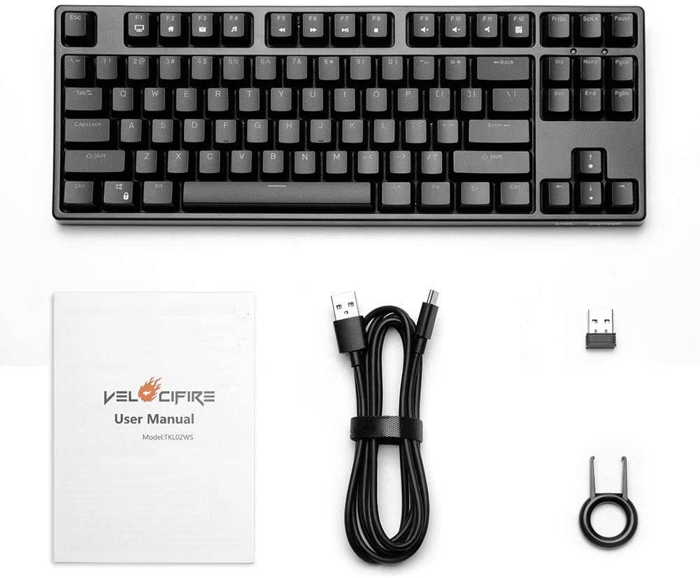 Wireless Mechanical Keyboard, VELOCIFIRE TKL02WS 87 Key Tenkeyless Ergonomic with Linear Red Switches, and White LED Backlit for Copywriters, Typists, and Programmers(Black)