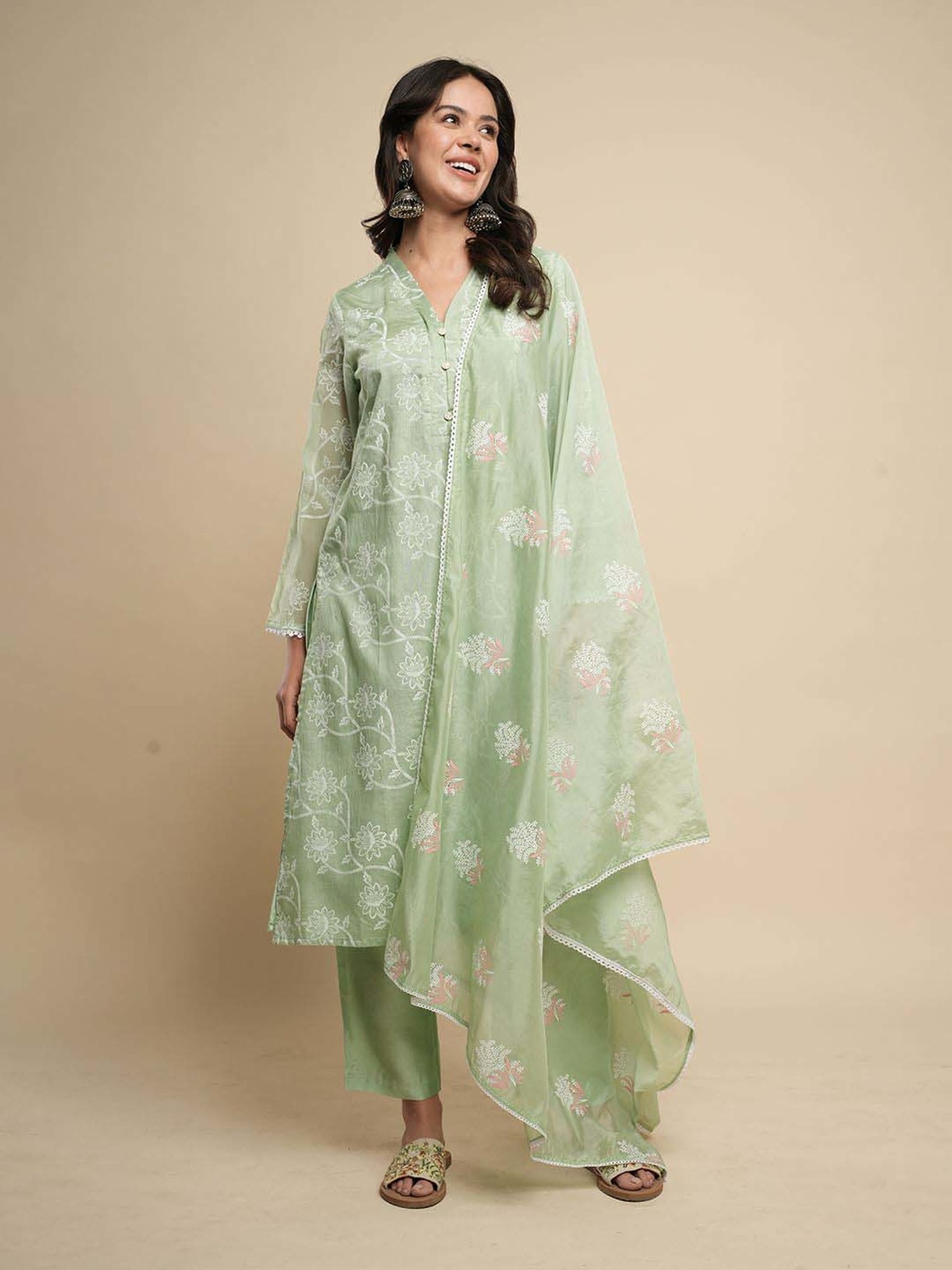 Heeposh Green Printed Kurta Pant Set With Dupatta