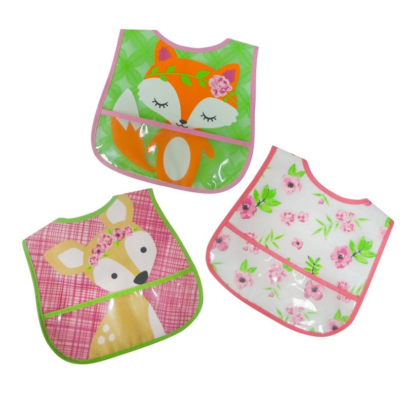 Neat Solutions Girl Printed Translucent Peva/Knit Terry Bib Set - Fox-Floral-Deer - 3pk