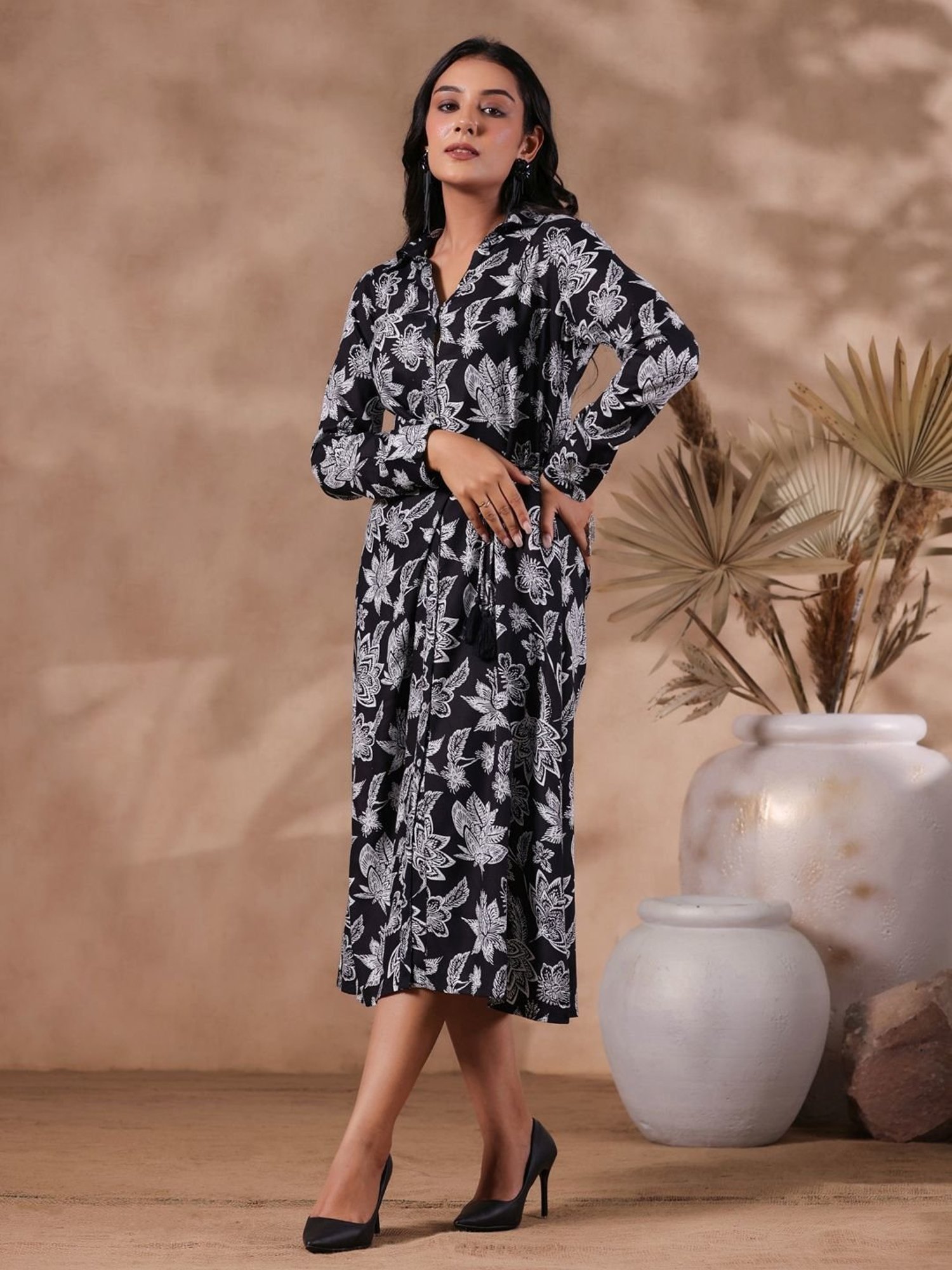 Ishin Black Floral Print Shirt Dress