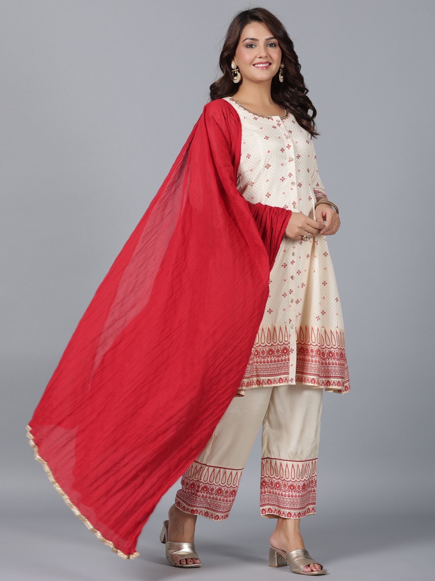 Juniper Beige Ethnic Motif Print Viscose Shantoon Kurta,Pants & Dupatta Set With Beads & Sequins