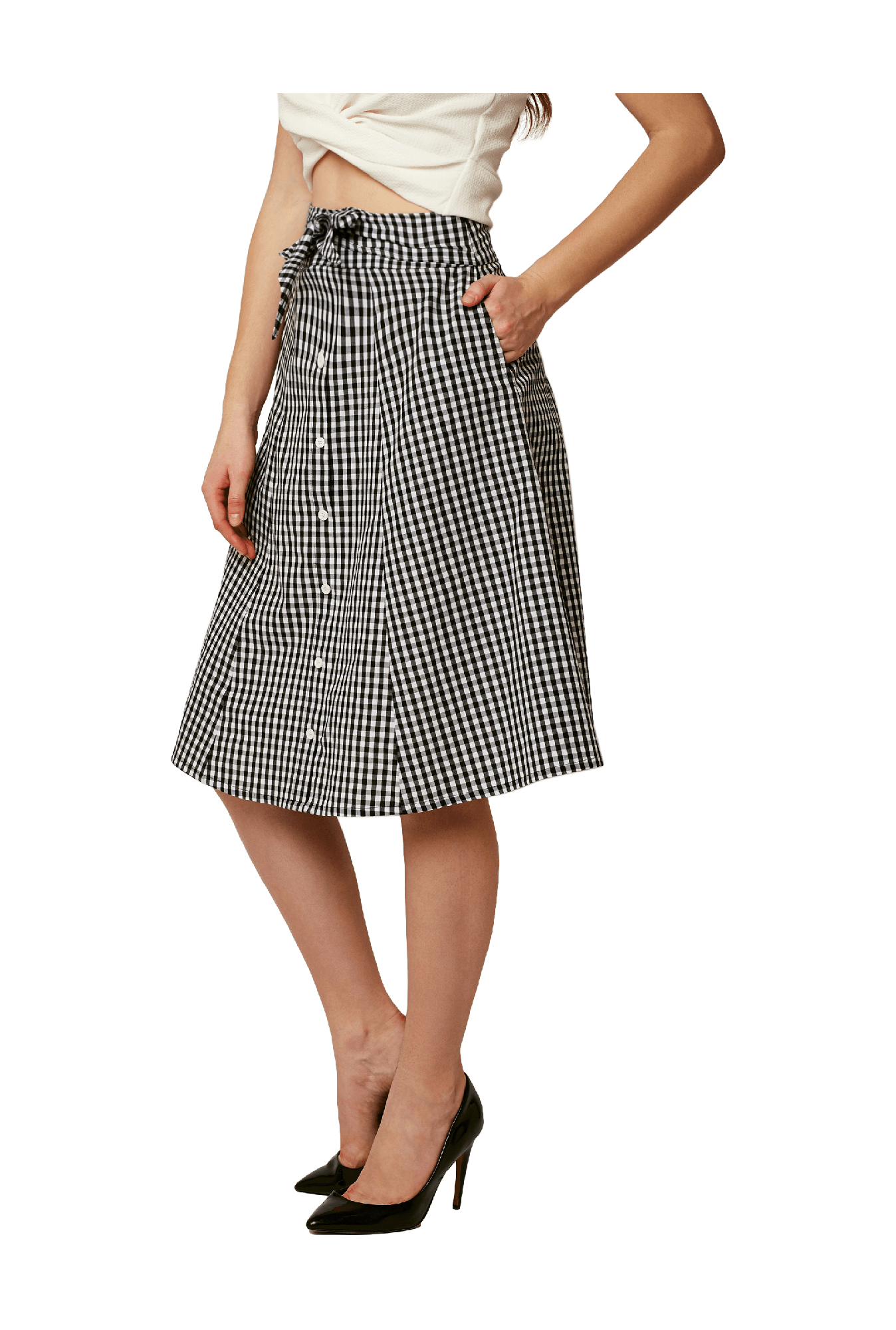 Miss Chase White & Black Checks Knee Length Skirt