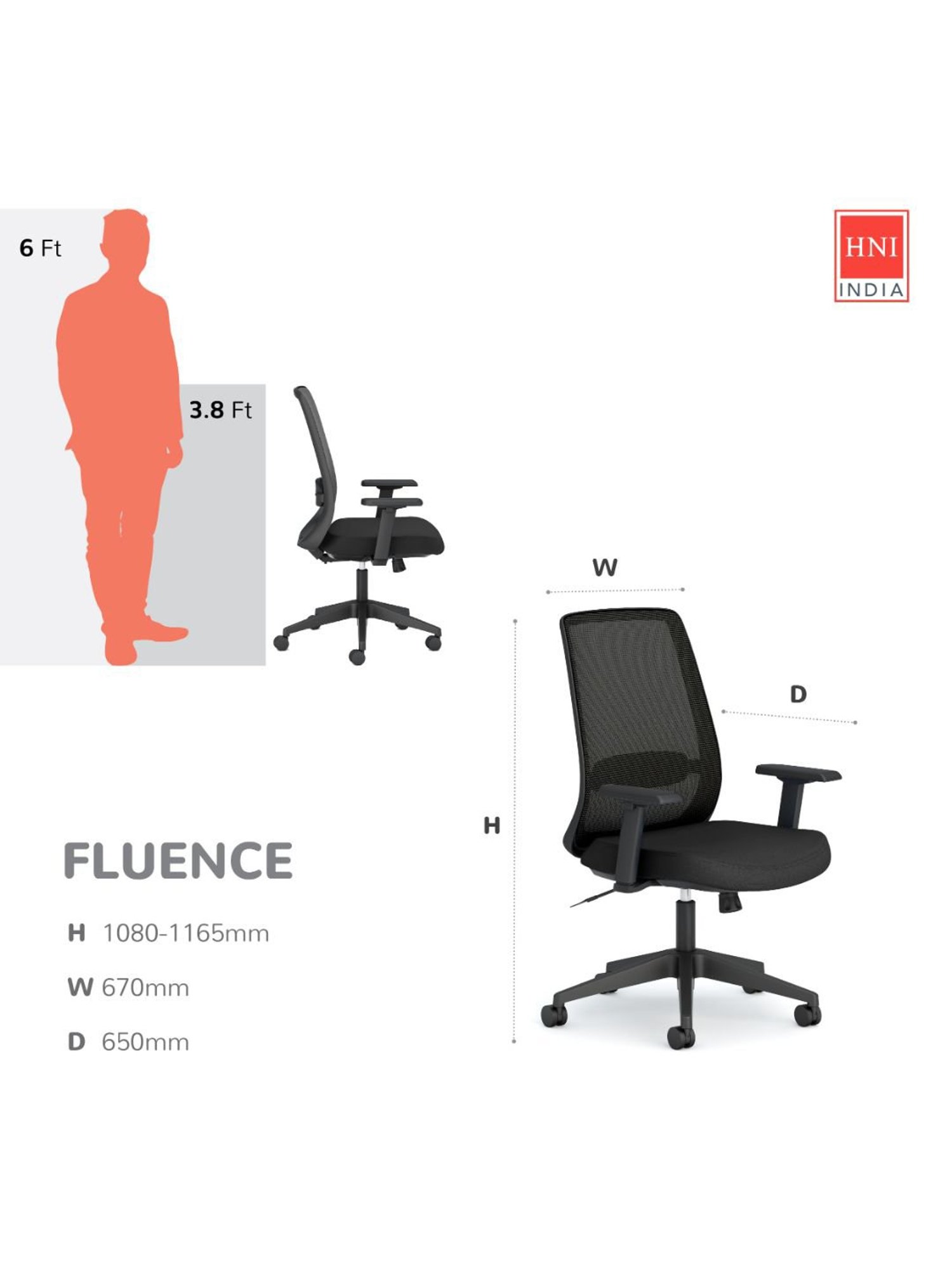 HNI India Fluence Black PU Foam Lumbar Support Office Desk Chair