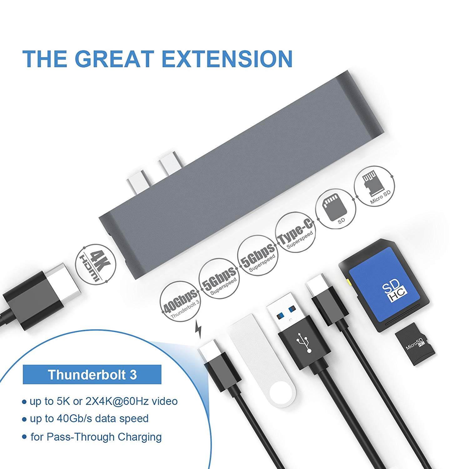 Cateck Aluminum Type-C Multi-Port Adapter with Superspeed 40Gbs Thunderbolt 3, Pass-Through Charging, 4k HDMI, SD/Micro SD Card Reader, USB-C Port and 2 USB 3.0 Ports for MacBook Pro