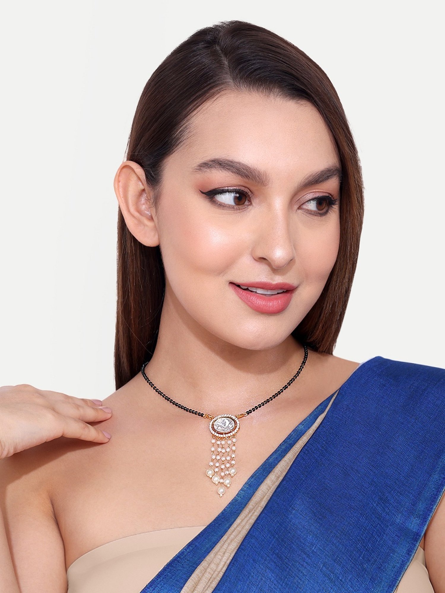 Abdesigns Gold-Plated American Diamond & Black Beaded Mangalsutra