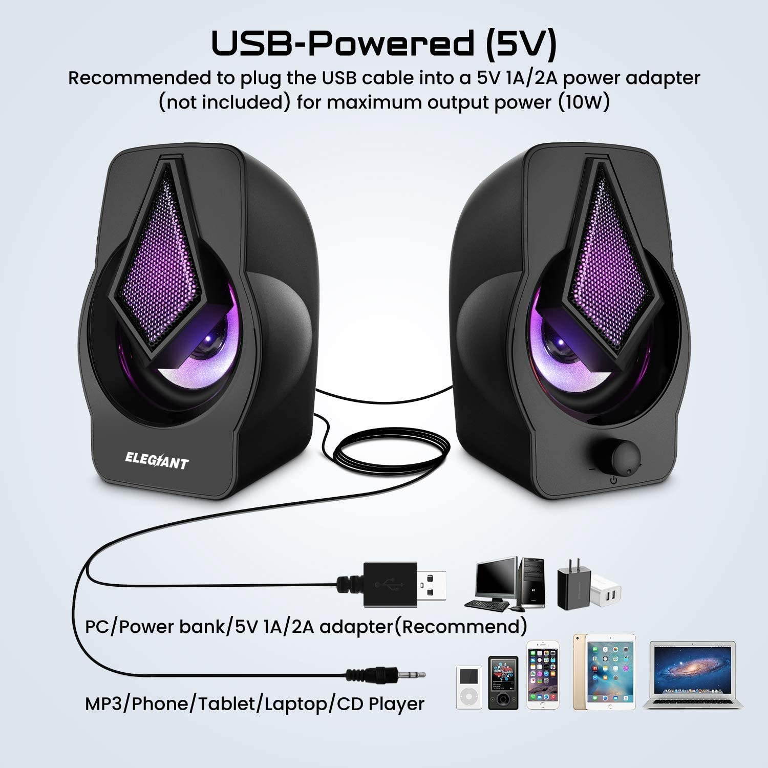 Computer Speakers PC Speakers 2.0 USB Powered Stereo Volume Control with LED Light Mini Portable Gaming Speakers 3.5mm for PC Cellphone Tablets Desktop Laptop