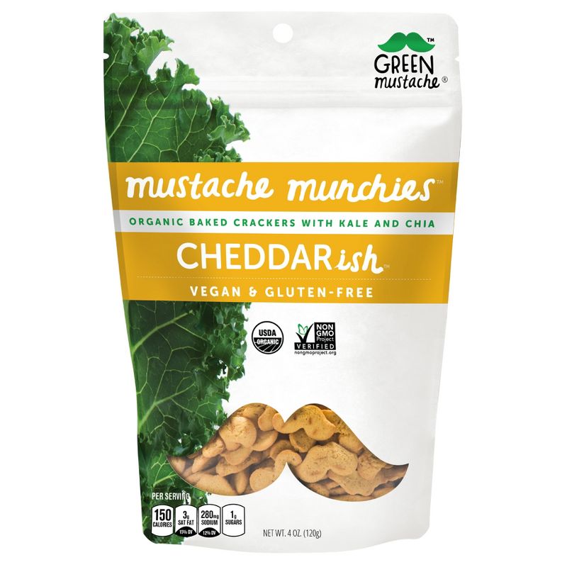 Green Mustache Munchies Organic Baked Vegan & Gluten Free Cheddarish Crackers - 4oz Bag