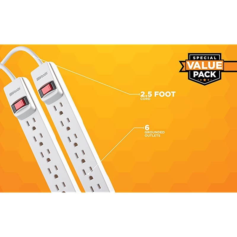 41346 Surge Protector with Overload Safety Feature 6 Outlets and 25 ft Cord for 280J of Protection White 2 Pack