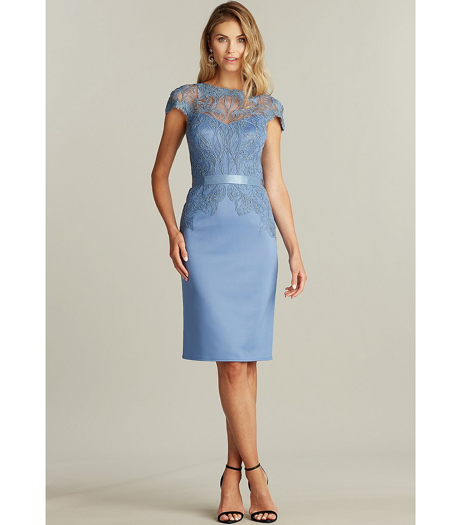 Marina Sequin Lace Round Neck 3/4 Sleeve Sheath Dress