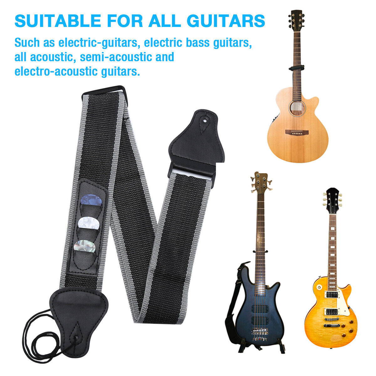 Guitar Strap Nylon Pick Holder with 3 Guitar Picks for Electric Acoustic Guitar