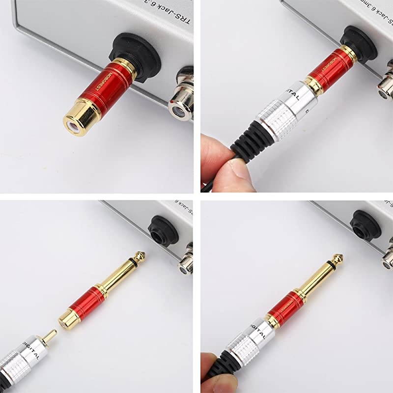 1/4 in to RCA Female Pure Copper Adapter, 6.35mm Mono TS Plug Male 1/4 inch to RCA Female Stereo Interconnect Audio Adapter, (Red-2Pack)