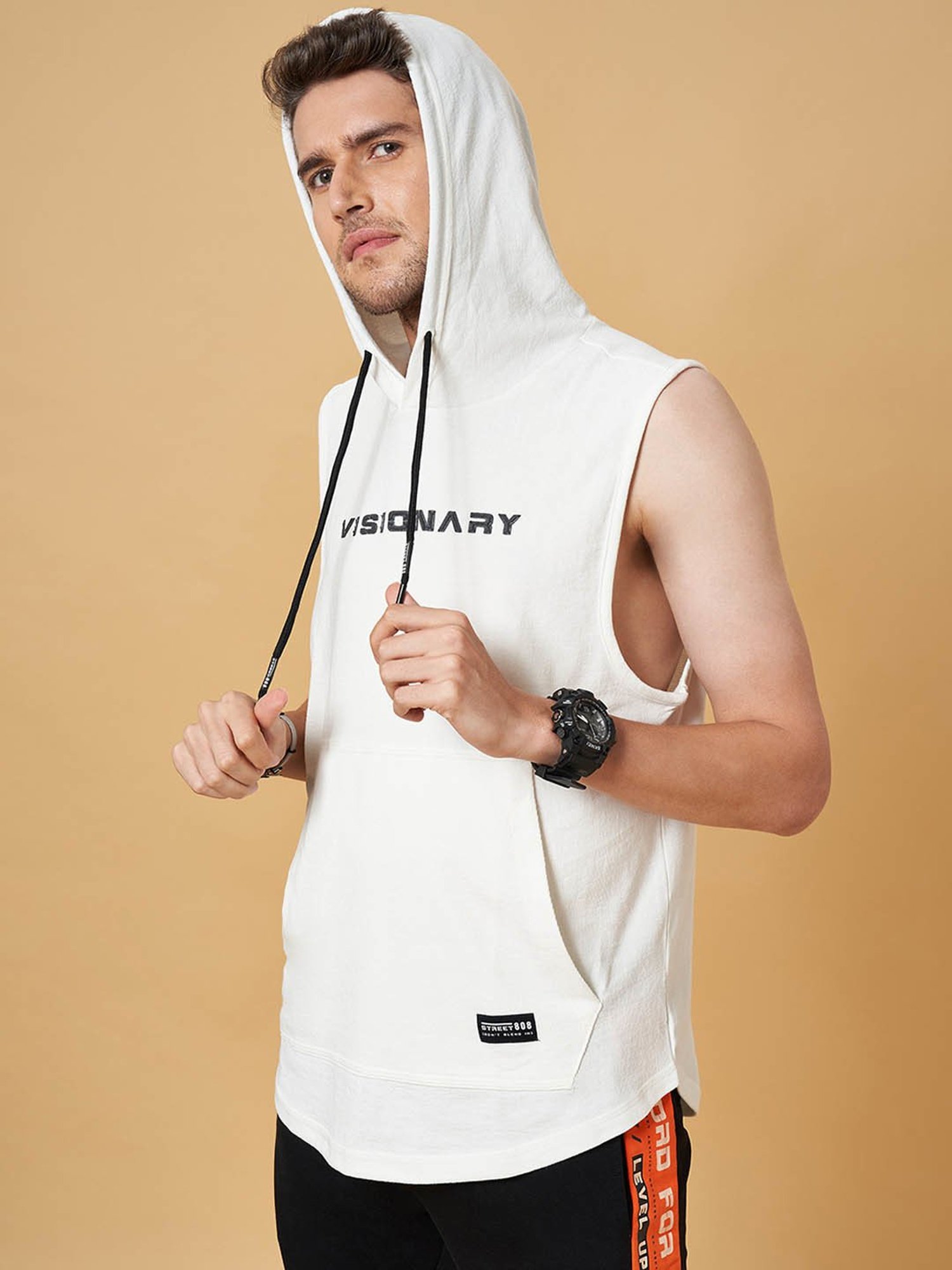 Street 808 by Pantaloons Off White Regular Fit Printed Hooded T-Shirt