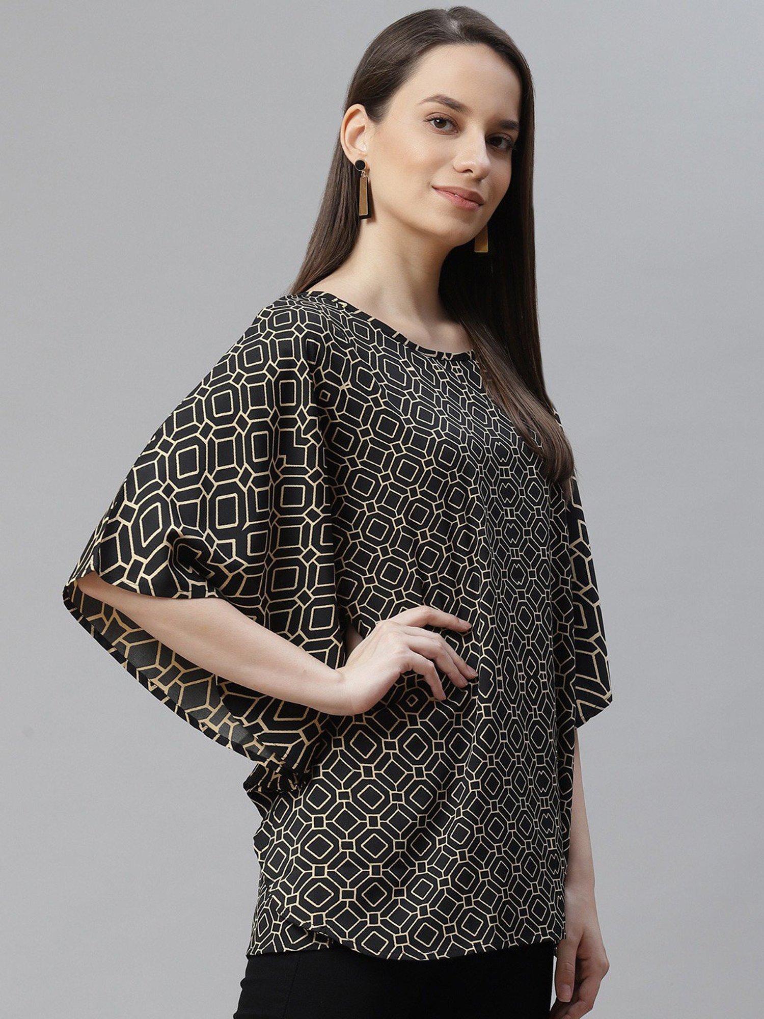 Cottinfab Black Printed Kaftan Crepe Top