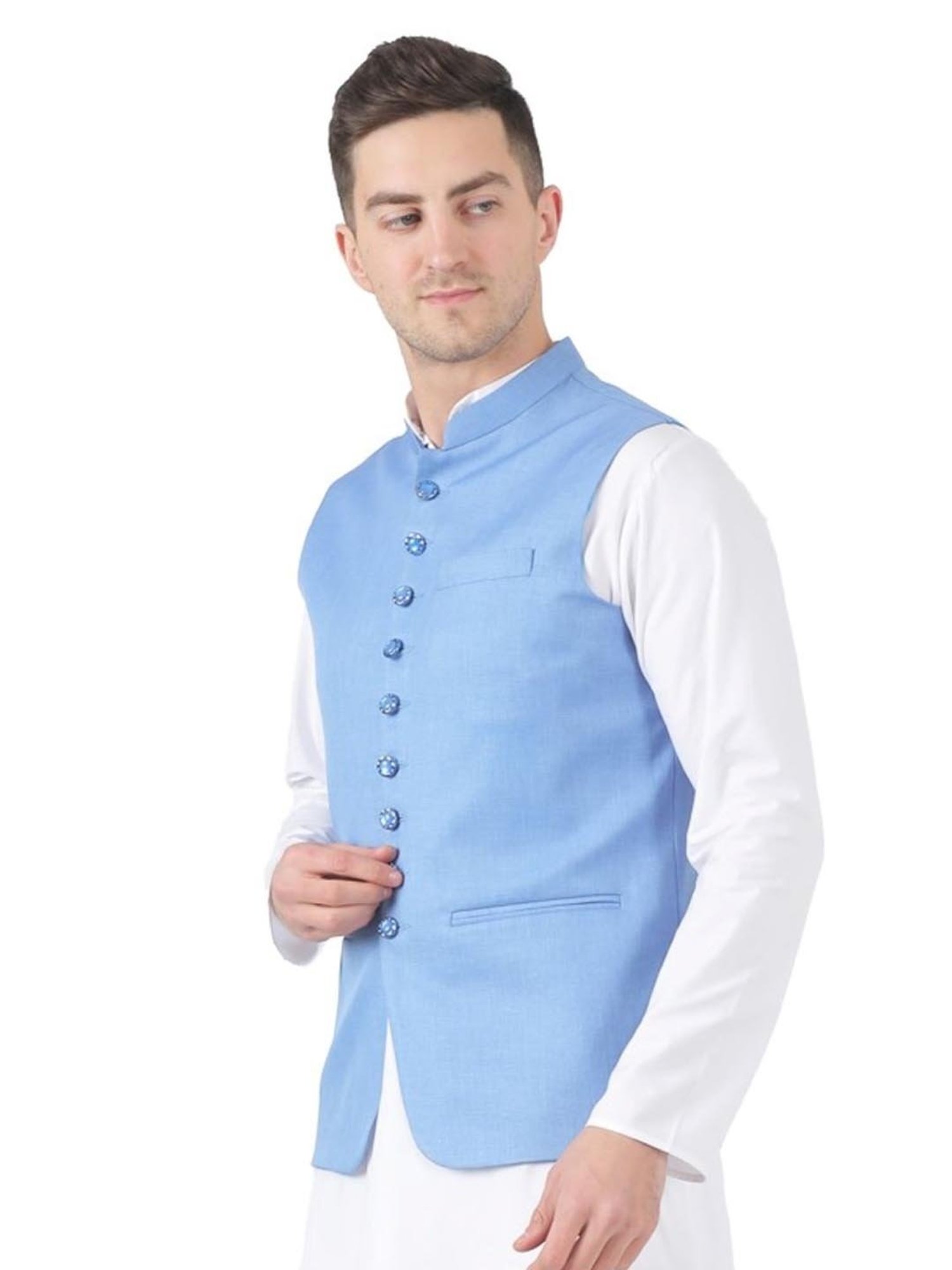 TAHVO Light Blue  Slim Fit Nehru Jacket