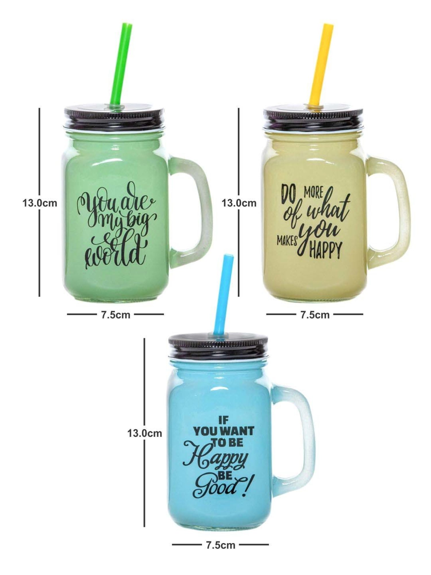 Goodhomes Multicolor Glass Mason Jar With Metal Lid & Straw (0.45 L) - Set of 3