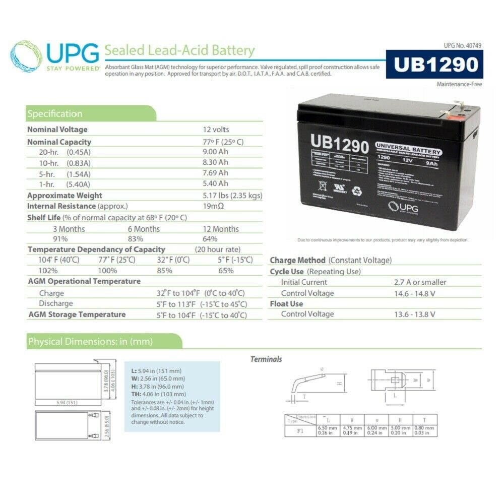 NEW 2 PACK UPG UB1290 12V 9AH SLA Battery Replacement for APC APCRBC123