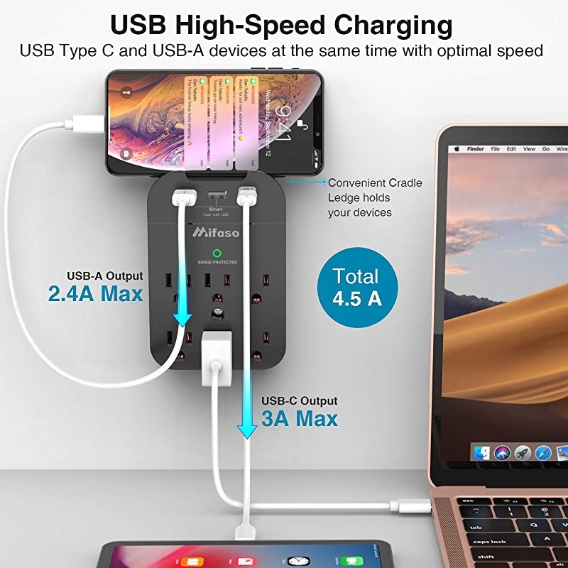 Outlet Surge Protector Power Strip Multi Plug Outlet Extender 6Outlets 3 USB 45A Mountable Adapter with Type C Port Phone Holder for Office Home Christmas Gift490 Joules Black