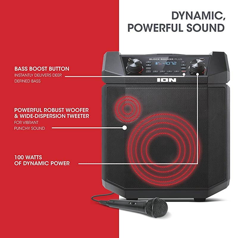 Audio Block Rocker Plus - Portable Bluetooth Speaker 100W W/Battery, Karaoke Microphone, AM FM Radio, Wheels & Telescopic Handle and USB Charging