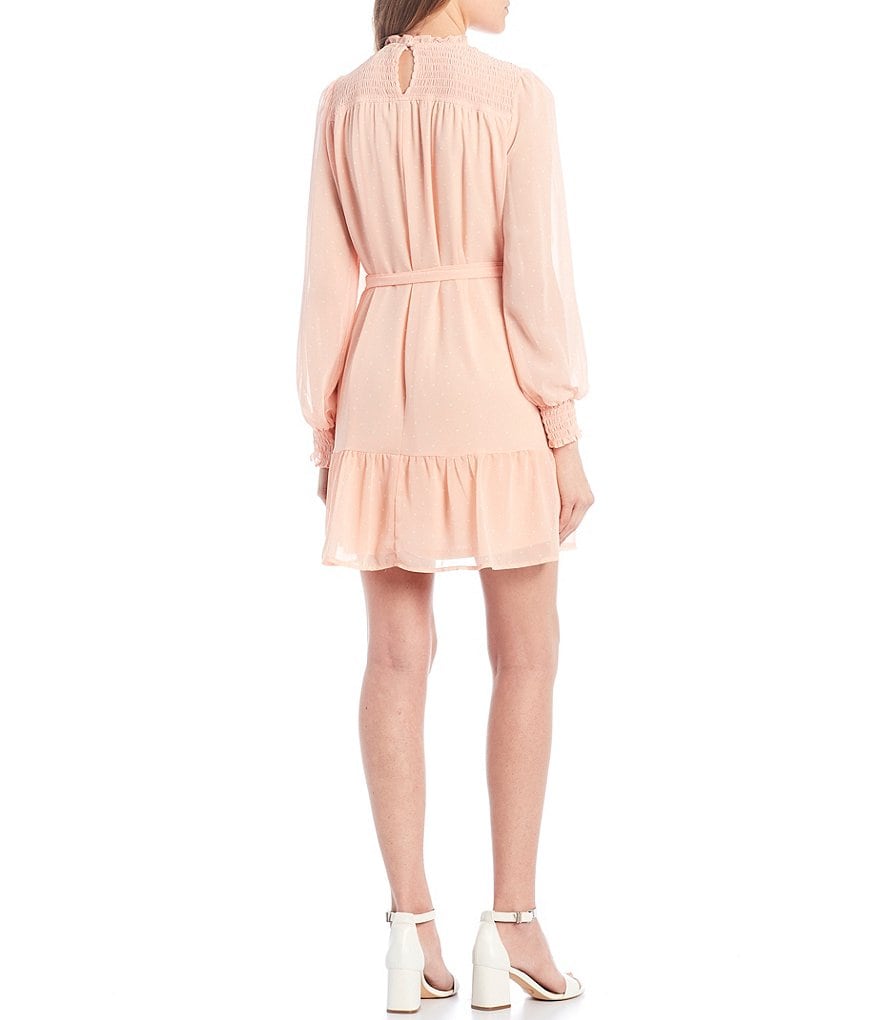 Allison & Kelly Long-Sleeve Smocked Yoke Tie-Waist Sheath Dress