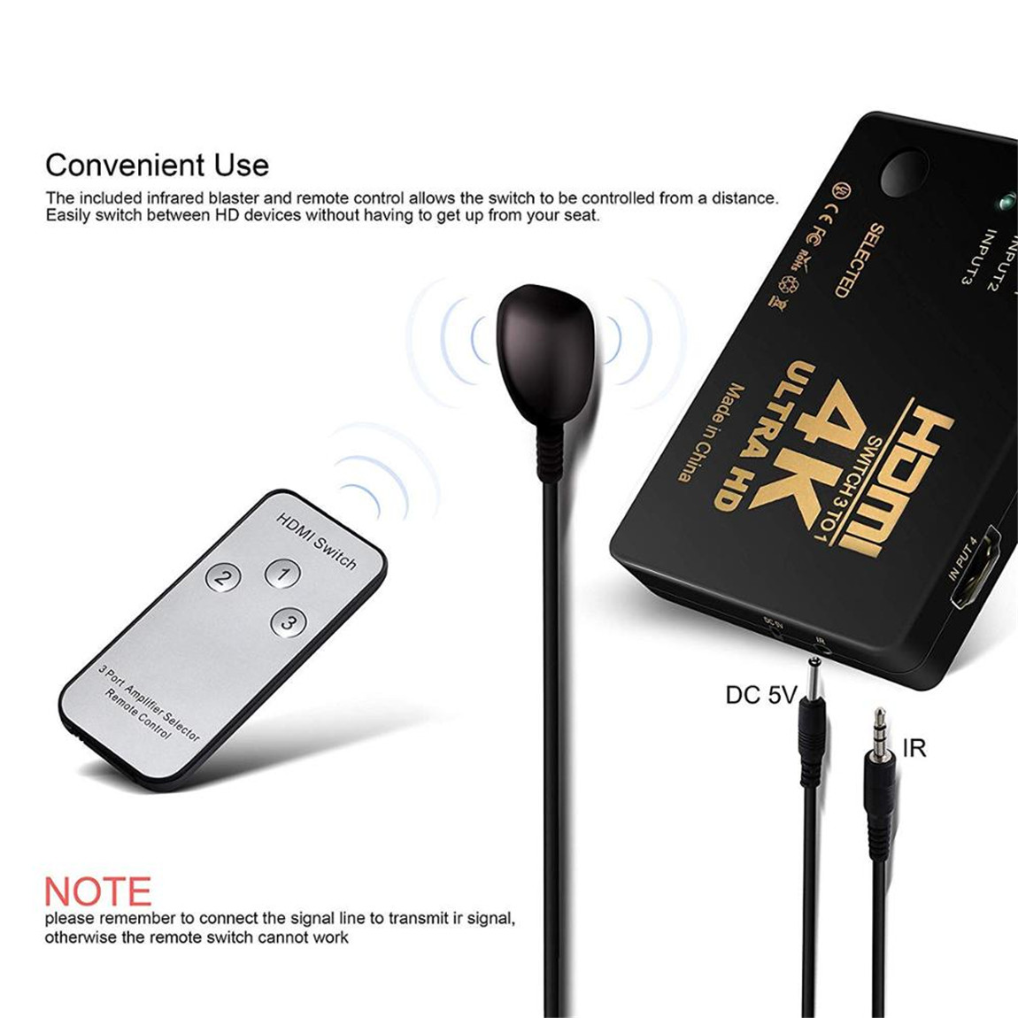 HDMI Switch 4K, HDMI Switcher 5 in 1 Out HDMI Splitter, or 5 x 1, USB External Power Supported, Supports 4K 3D HD 1080P for Xbox PS4 Roku Blu-Ray Player HDTV (HDMI Switch)