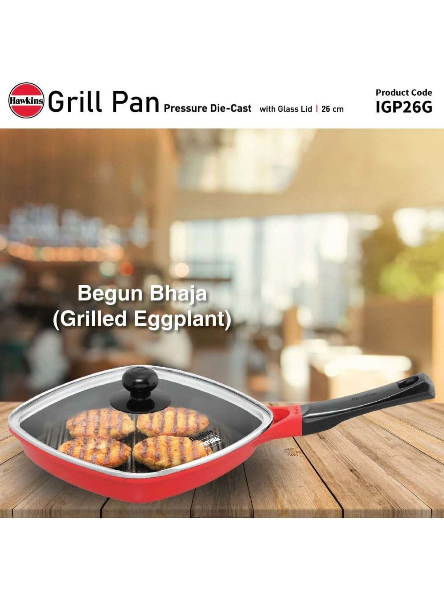Hawkins Red Ceramic 26 cm Die Cast Square Grilling Pan With Glass Lid (Igp26G) (1.18 L)