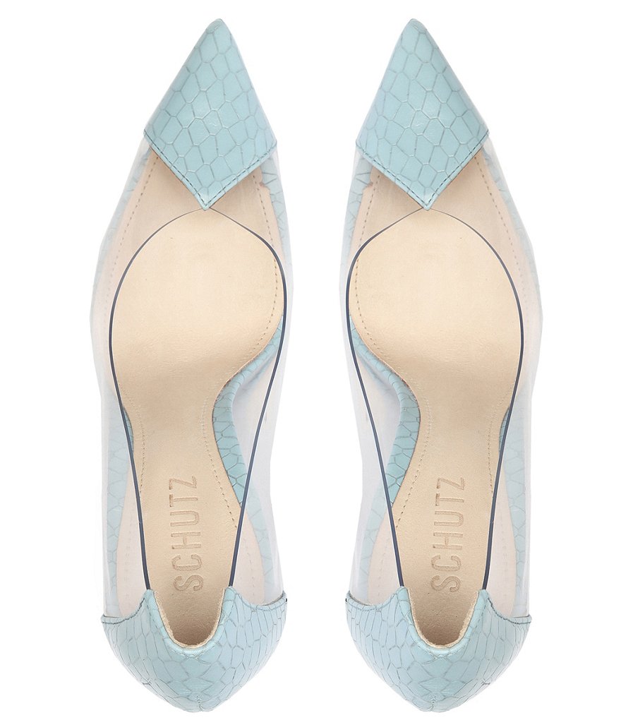 Schutz Cendi Snake Embossed Leather Clear Vinyl Pointed Toe Pumps