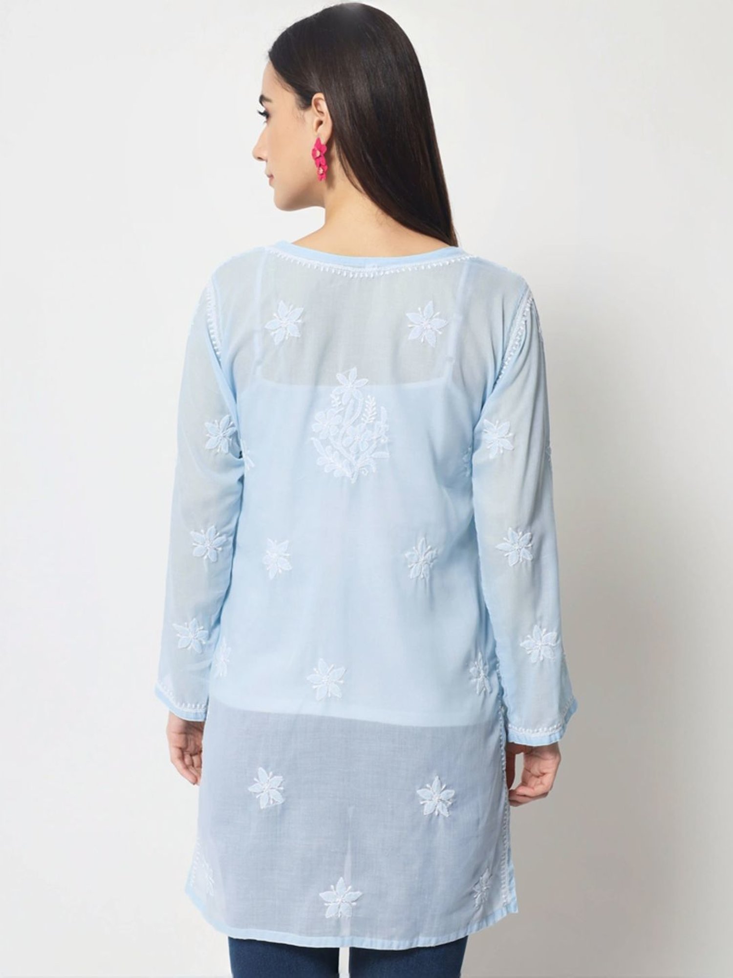 PARAMOUNT CHIKAN Blue Cotton Hand Embroidered Chikankari Straight Kurti