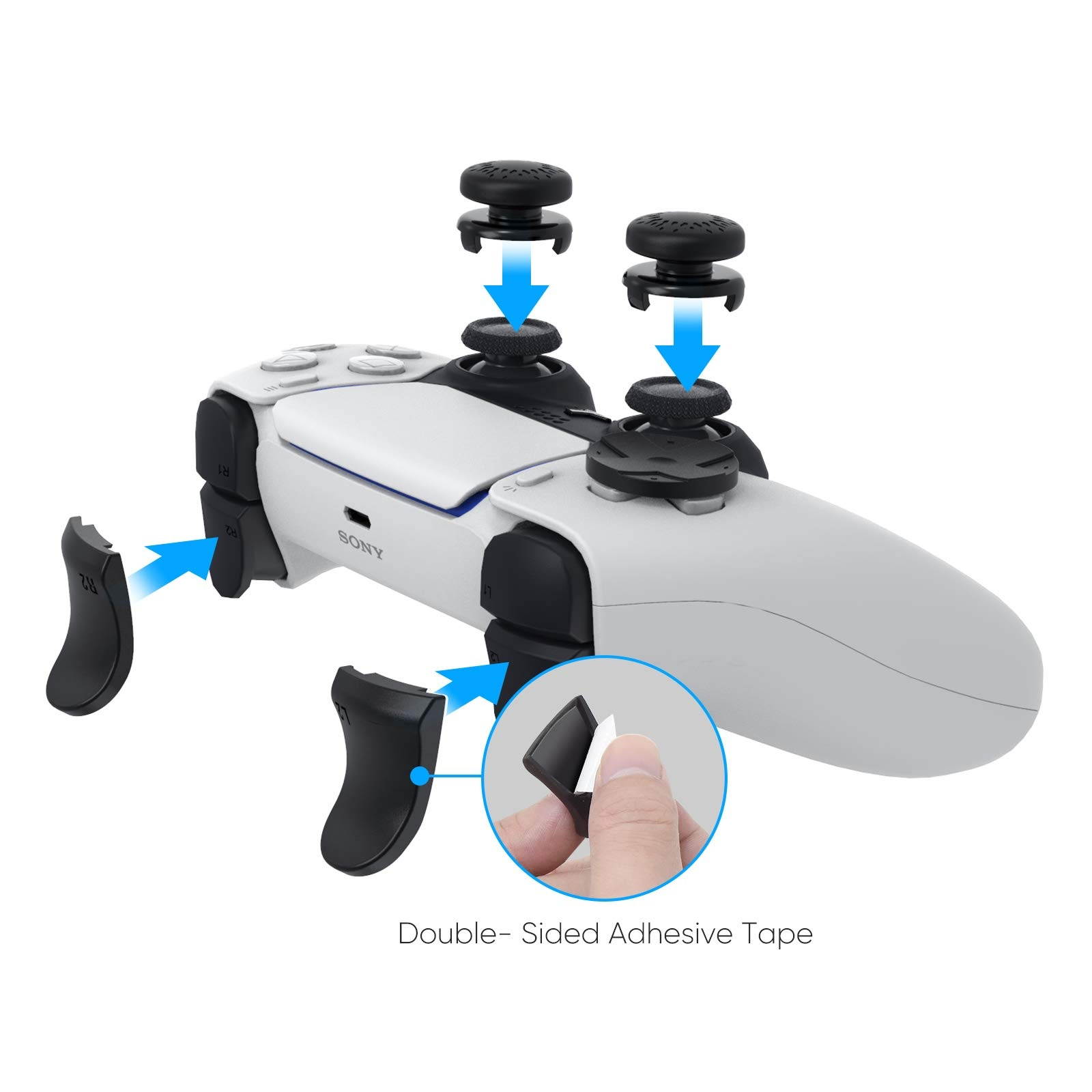 Joystick Caps Set for DualSense PS5 Controller - 1 Pair Thumb Grip, 2 Pairs Mid & Long L2 R2 Trigger Extenders and 1 Pair D-Pad Buttons Caps, Game Accessories for Sony PS5 Dualsense Controller