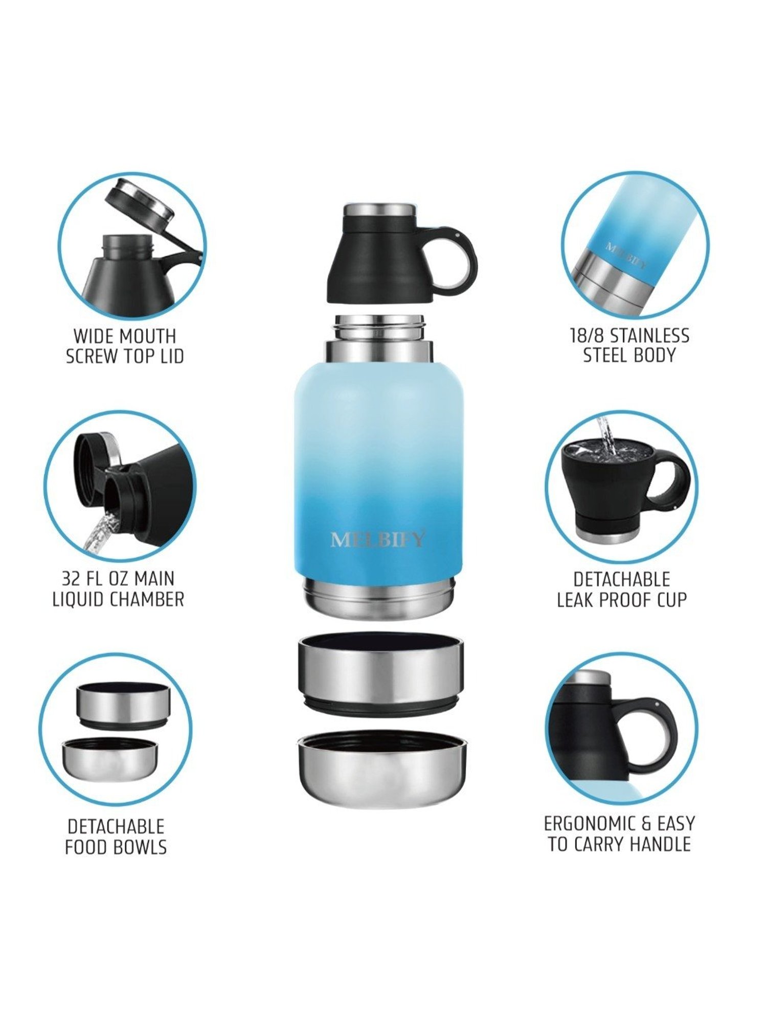 Melbify 3-in-1 Thermos Flask Blue ThermoSteel Water Bottle (1L)
