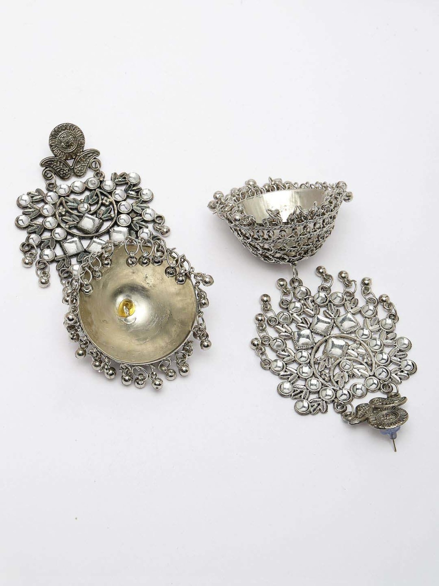 NVR Silver-Plated Oxidized Artificial Stones Dome Shaped Jhumki Earrings for Women