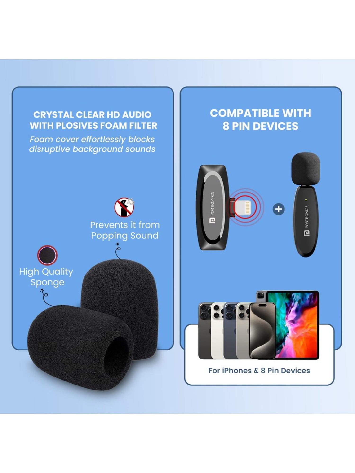 Portronics Dash 7 Omnidirectional 8 Pin Wireless Microphone with Noise Cancellation (Black)