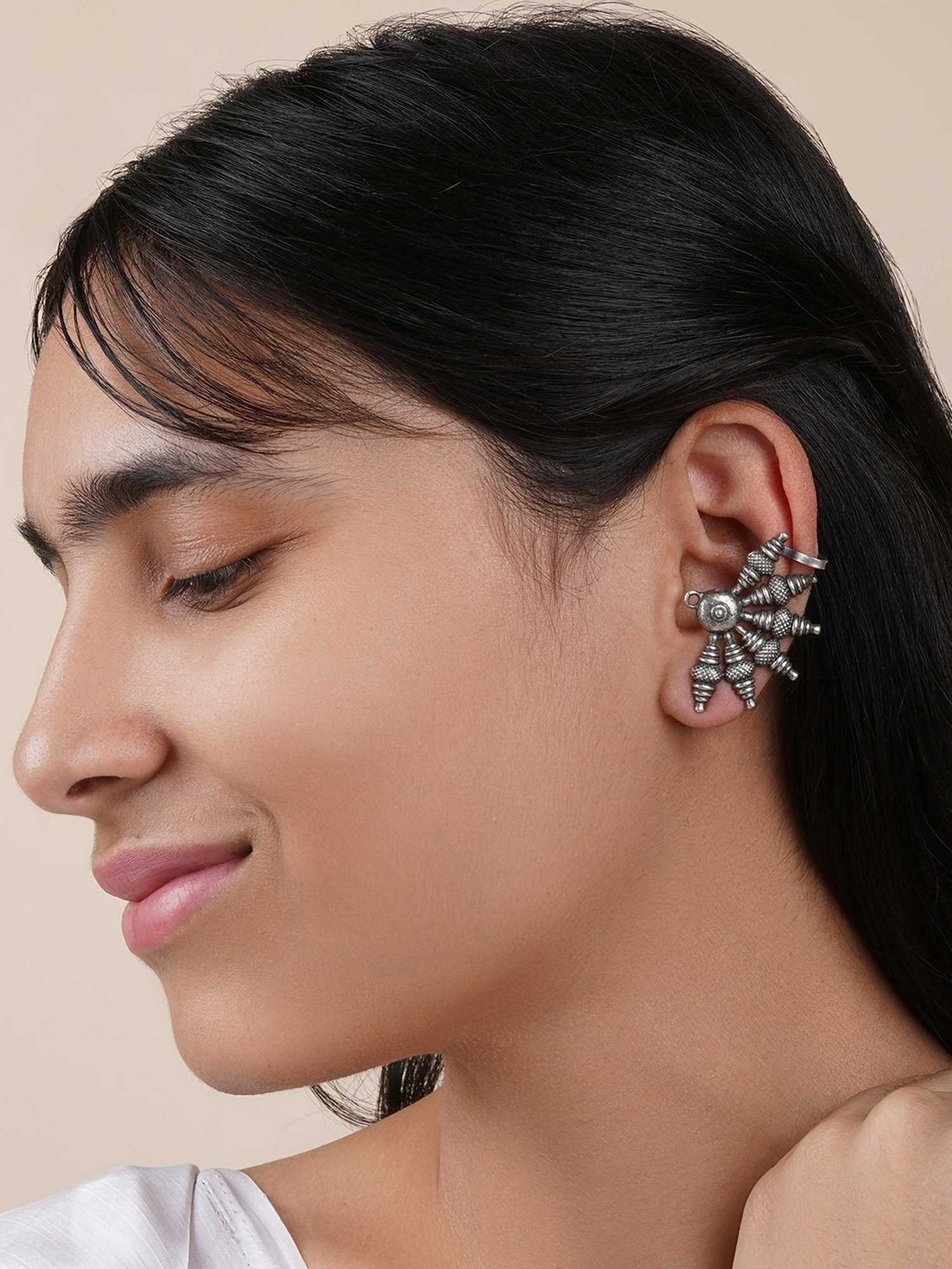 Teejh Ethnic Aabirani Silver Oxidized Ear Jacket Earring