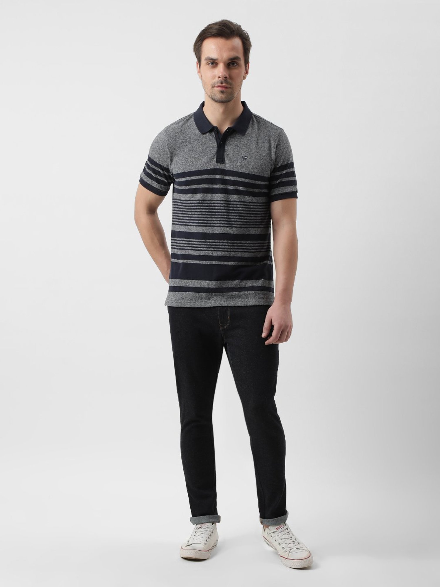Wrangler Navy & Grey Regular Fit Striped Polo T-Shirt