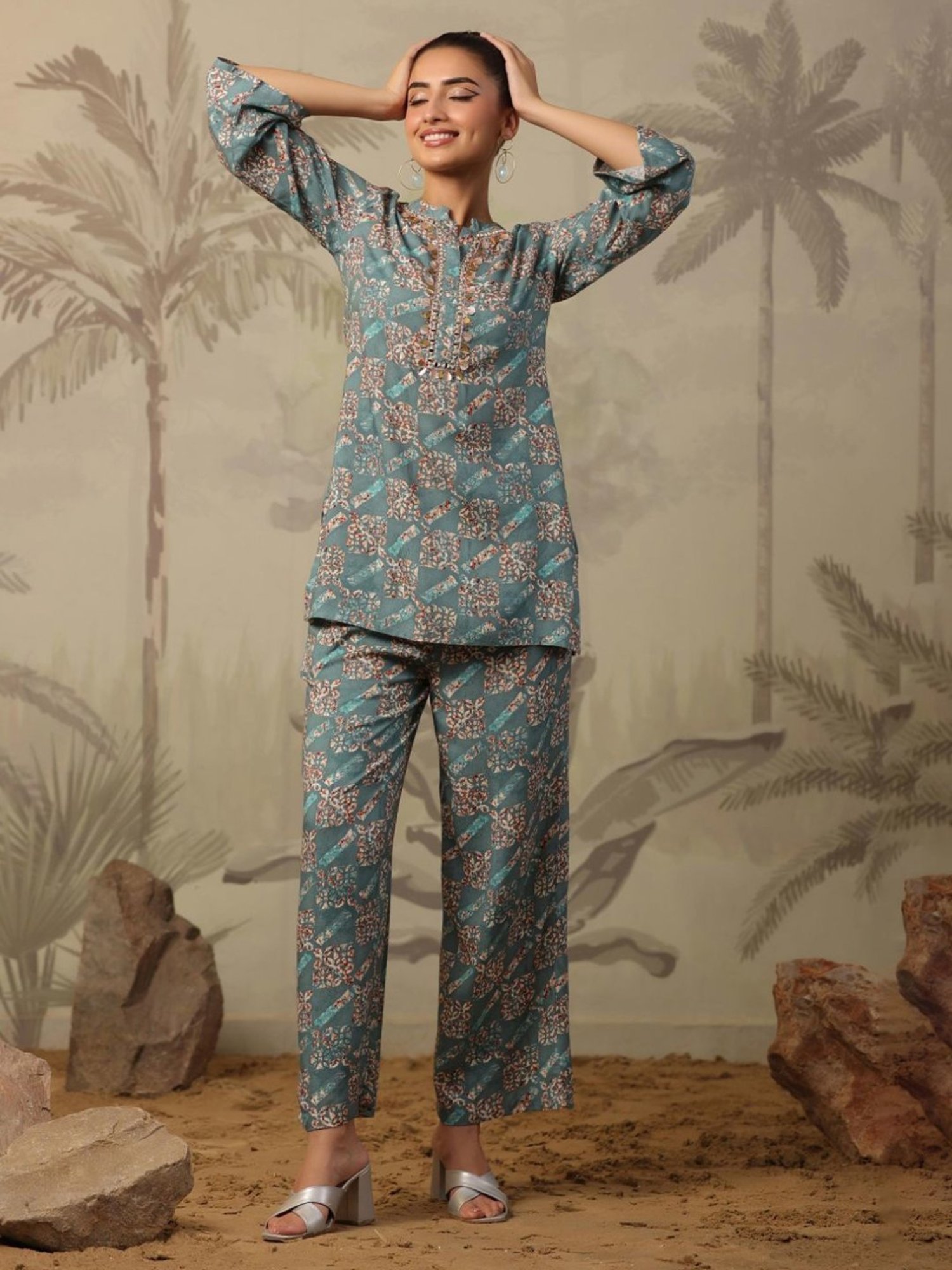 Artagai Midnight Navy Elevated Basics Co-Ord Set With Notch Collar Top And Straight Pants