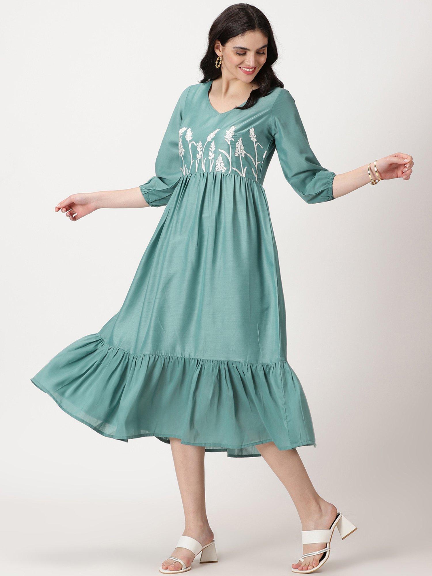 Saffron Threads Sea Green Embroidered Midi Dress