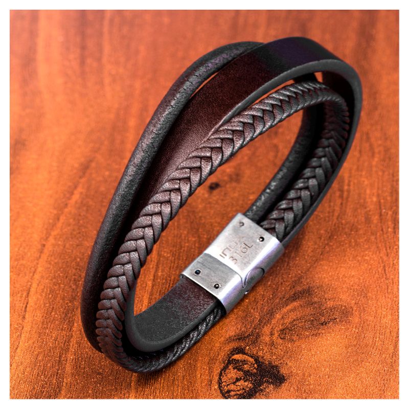 Men's Steel Art Brown Braid and Layered Leather Bracelet with Stainless Steel Clasp (8.75")