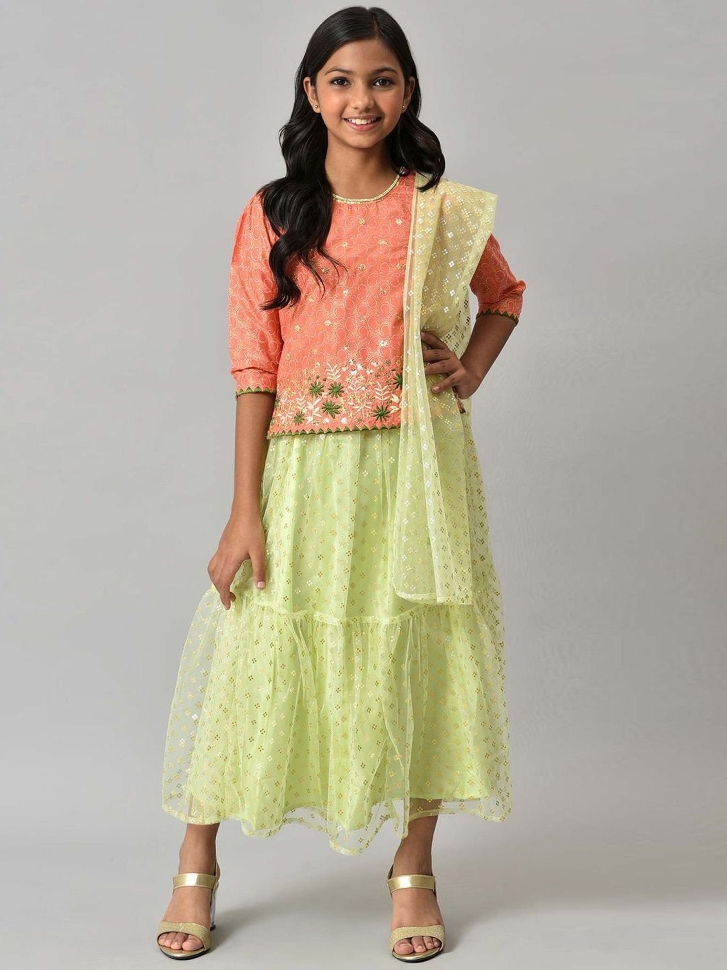 Aurelia Kids Orange & Green Printed Top Set