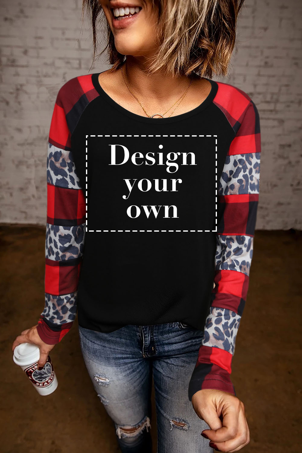 Blank Sweatshirt - Black Plaid Leopard Print Patchwork Long Sleeve Top Customized