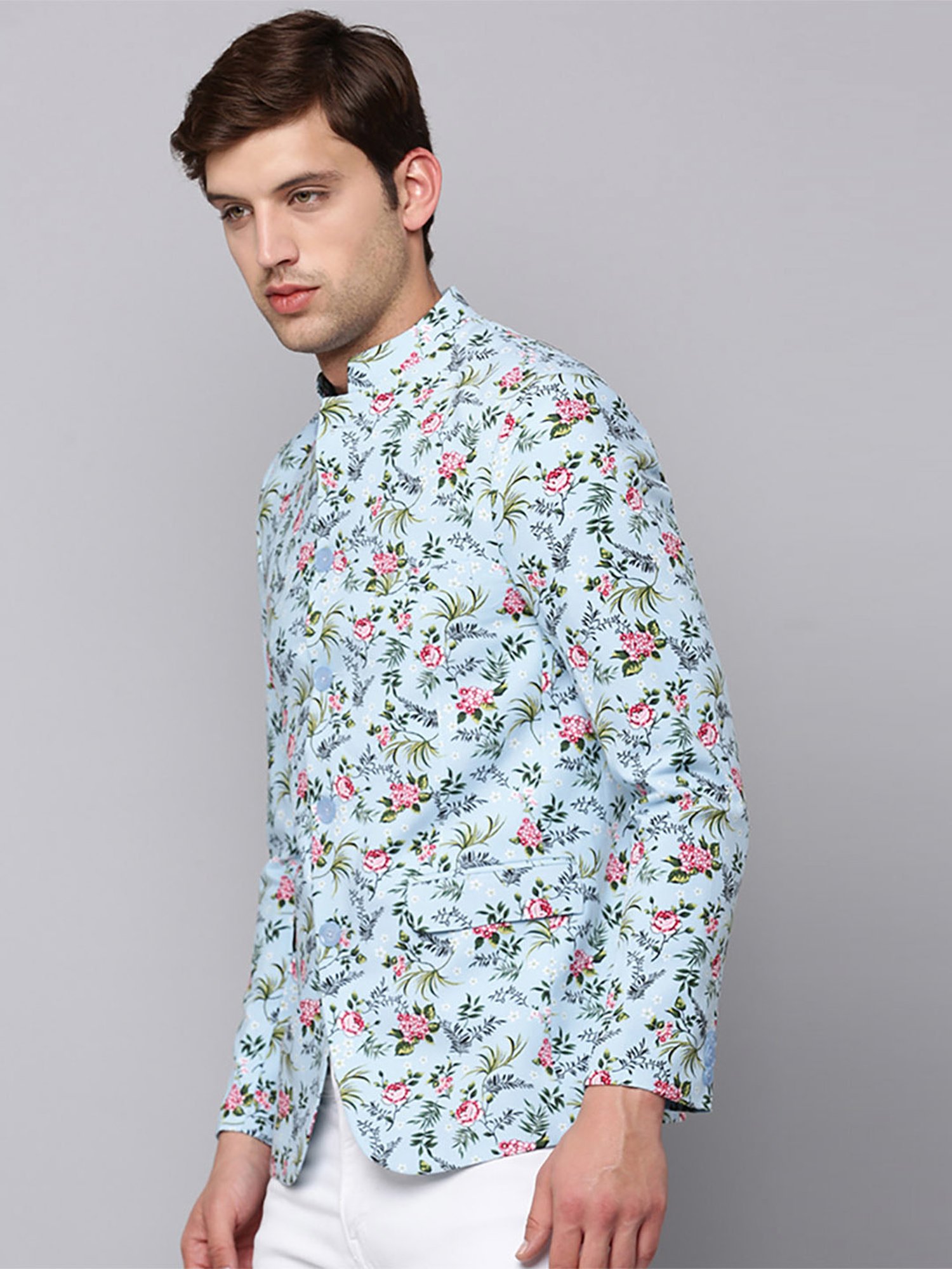 SHOWOFF Blue Cotton Slim Fit Floral Print Blazer