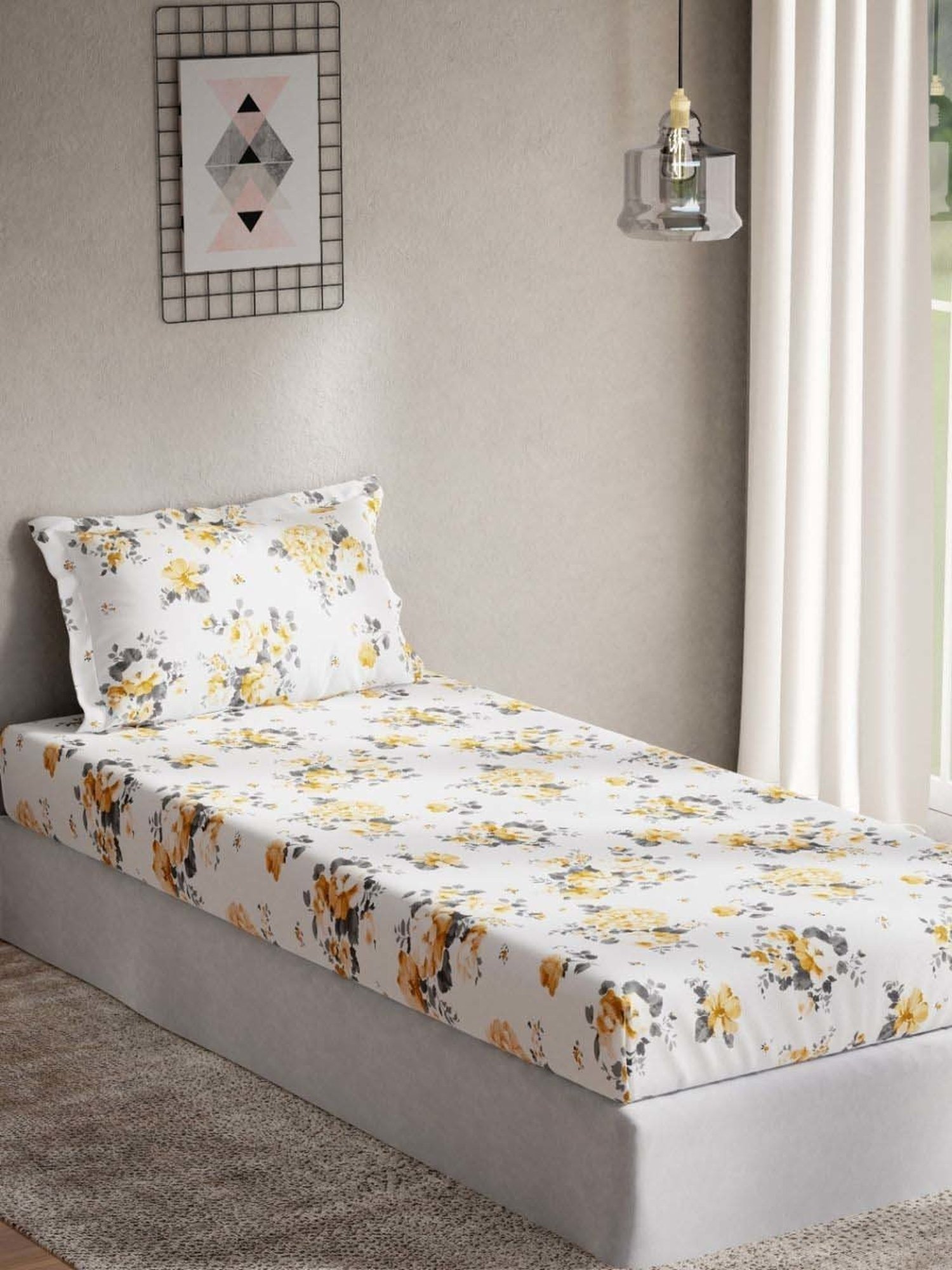 DDecor Glora Floral Yellow Cotton 144 TC Single Bedsheet With 1 Pillow Cover