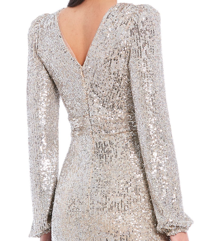 Xscape Allover Sequin V-Neck Front Slit Long Sleeve Gown