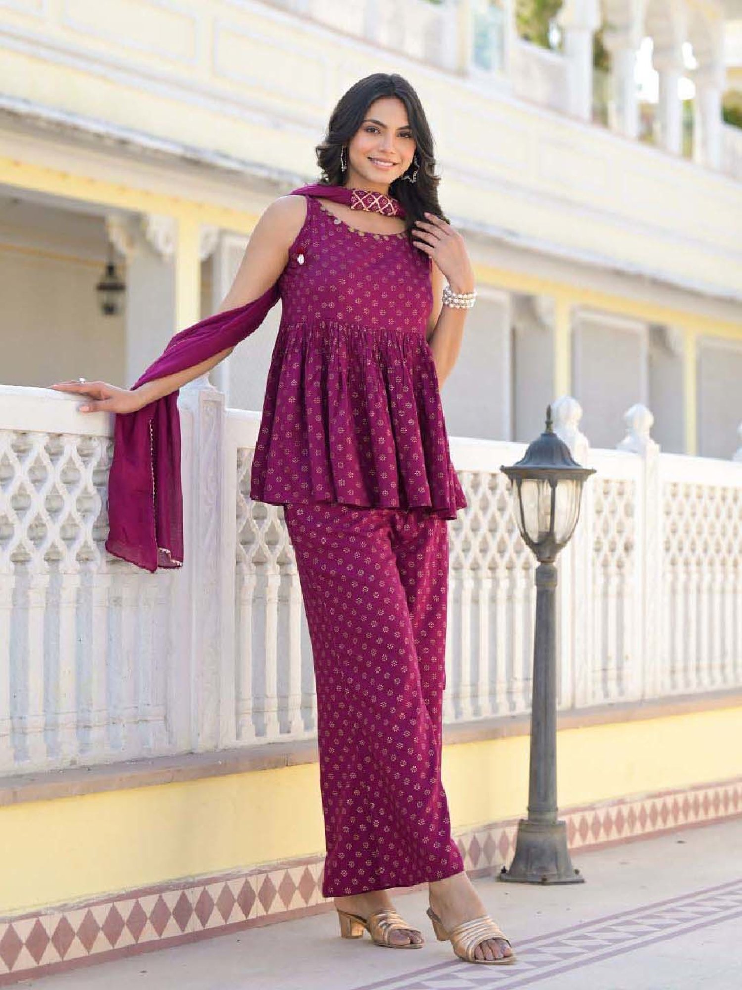 Stylum Purple Printed Tunic Palazzo Set With Dupatta