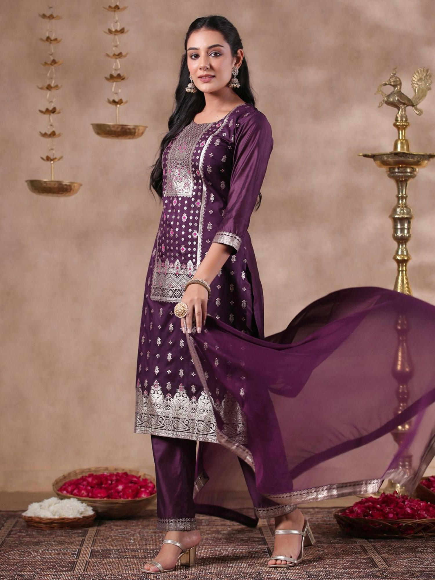 Ishin Purple Woven Pattern Kurta Pant Set With Dupatta