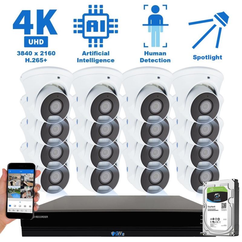 GW Security 8 Channel 15 Smart AI Functions Ultra HD 4K (8MP) Video & Audio Spotlight Color Night Vision Turret PoE IP Security Camera System (4 Cameras)