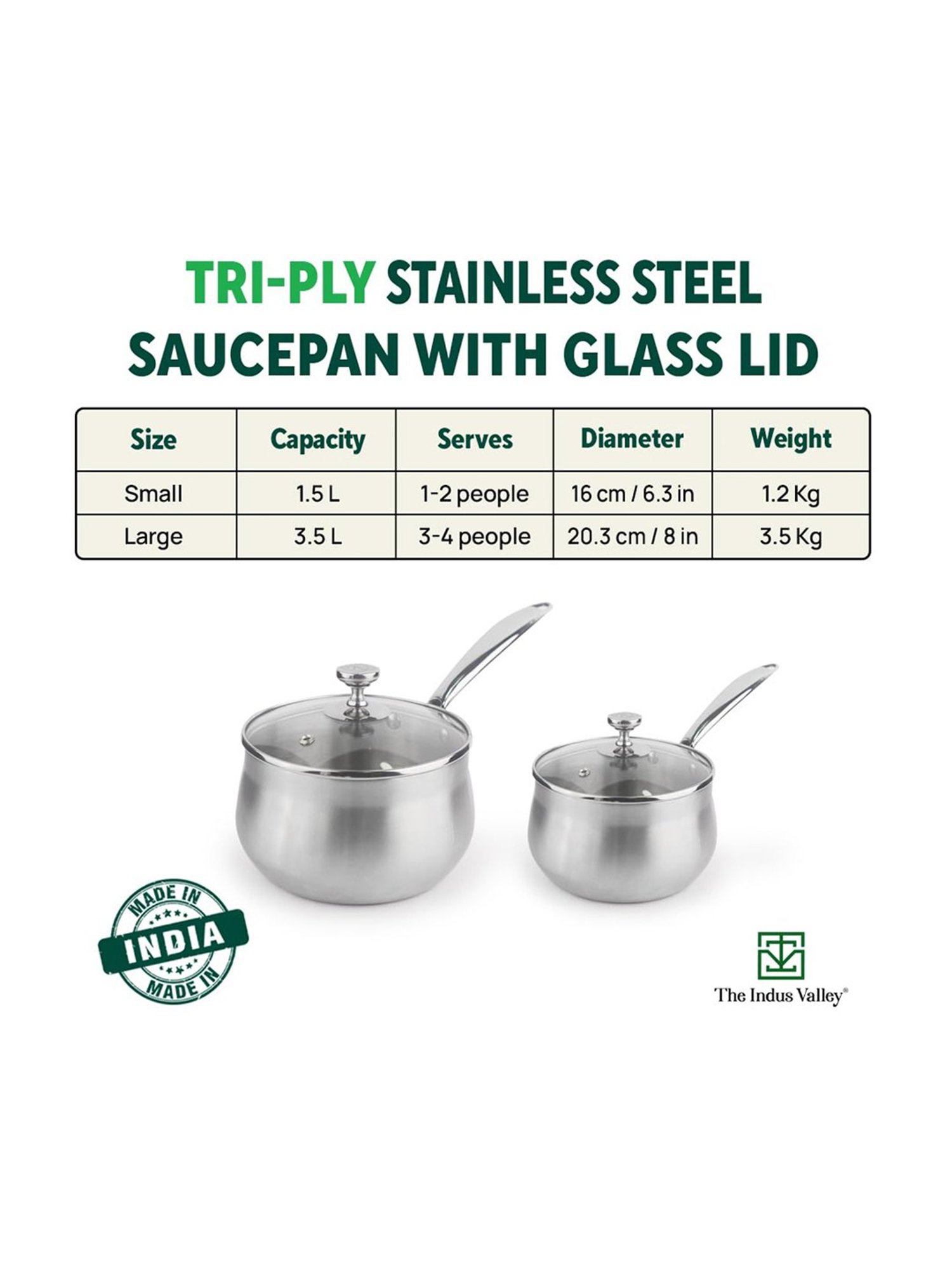 The Indus Valley Silver Stainless Steel Sauce Pan with Glass Lid (Dia:16cm, 1.5L)