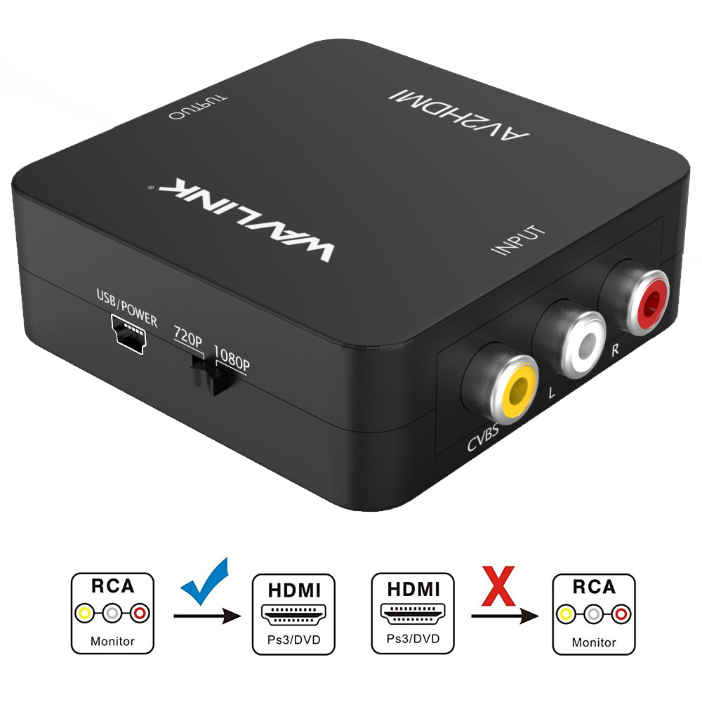 Wavlink 1080P Mini AV to HDMI Converter Adapter RCA Composite CVSB AV to HDMI Video Audio AV2HDMI Converter Support PAL/ NTSC SECAM with USB Cable for TV/ PC/ PS3/ STB/ Xbox VHS / VCR / DVD - Black